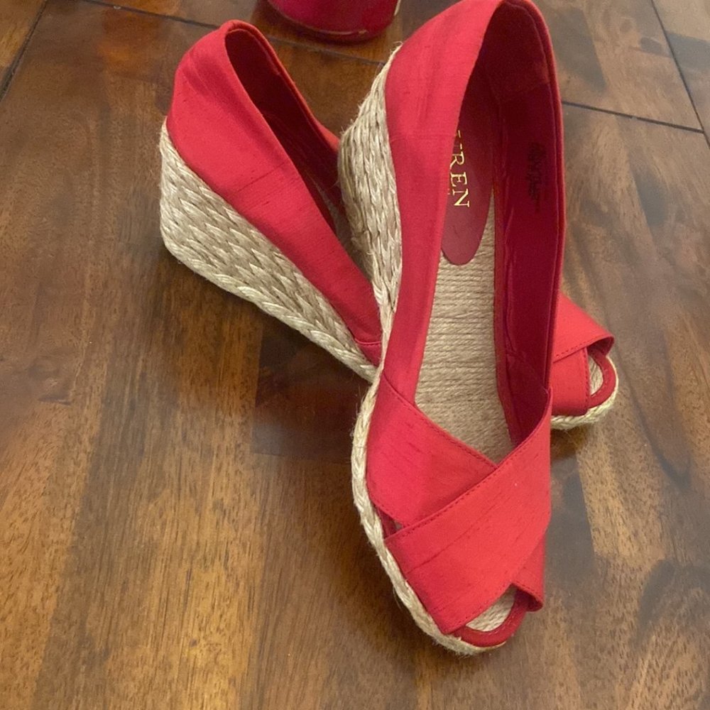 Ralph Lauren Size 7.5 Cecilia Red Wedges Slip On Espadrilles Like New